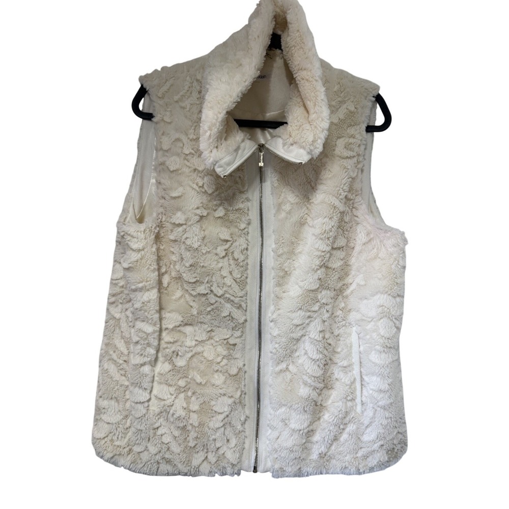 EUC Calvin Klein Plush Faux Fur High-Neck Vest Cream Floral Design PTP 21" 27"L